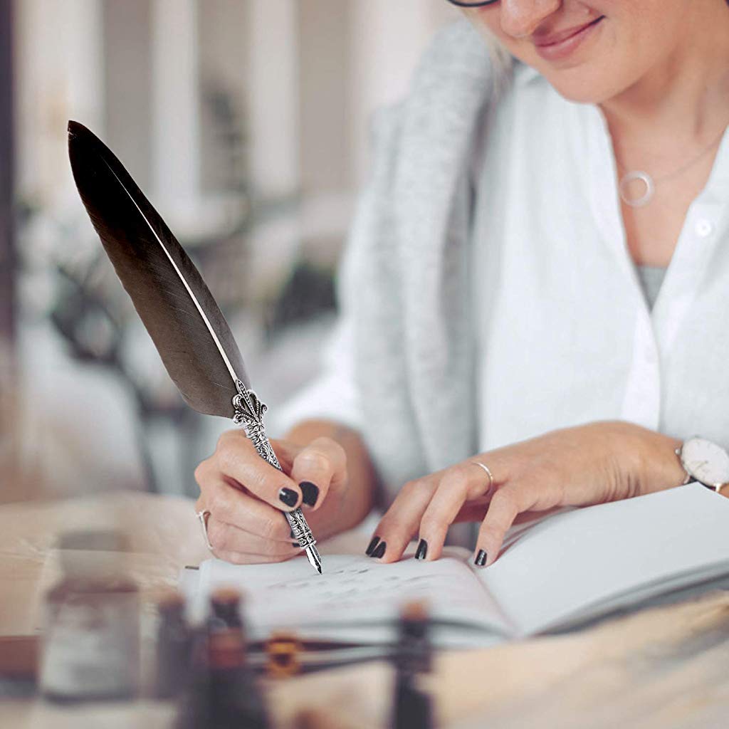 ELEPHANTBOAT Black Feather Calligraphy Pens Set,Quill Pen Writing Ink Set Stationery Gift Box with 5 Nibs and Ink,Gifts for Women & Girls ELEPHANTBOAT Black Feather Calligraphy Pens Set,Quill Pen Writing Ink Set Stationery Gift Box with 5 Nibs and Ink,Gifts for Women & Girls